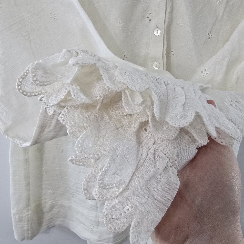 Sundance Embroidered Eyelet Blouse Peter Pan Collar Half Button Long Sleeve M - Picture 6 of 12